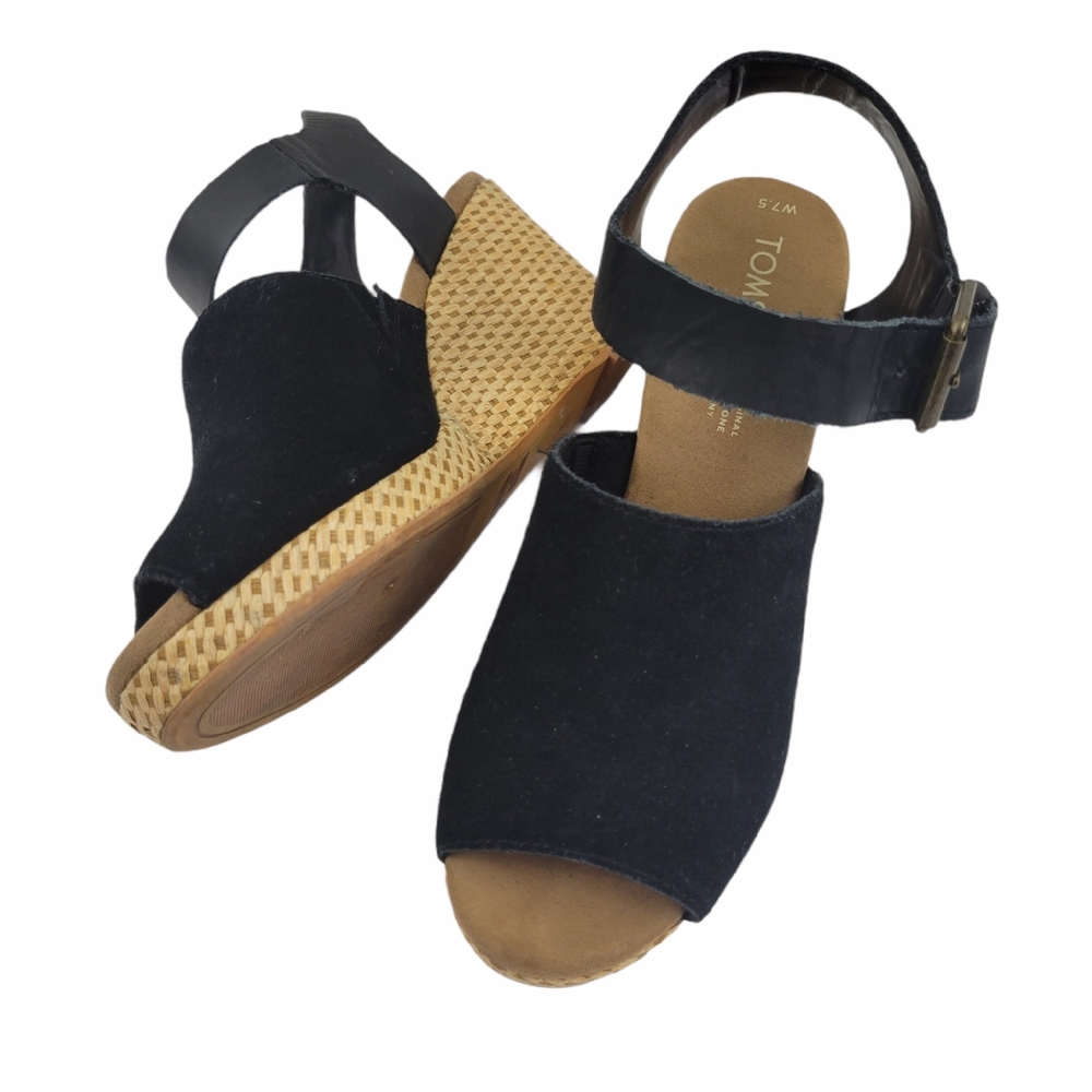 TOMS WEDGE SANDALS BLACK SOFT UPPERS 3.5" HEELS